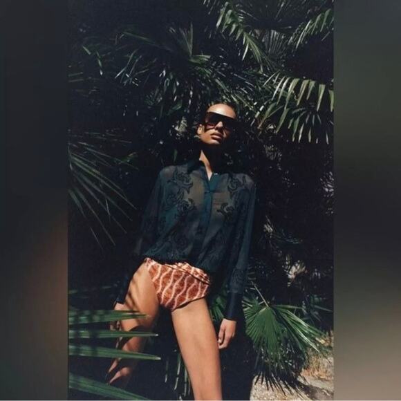 Zara Semi-Sheer Collared Button-Up Blouse Tonal Bead Applique Forest Green Small - Picture 14 of 14